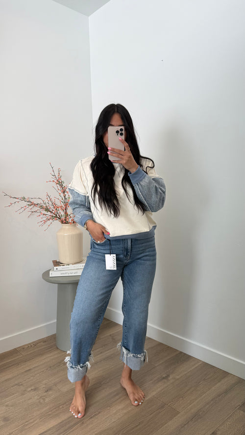 ALIX MIX DENIM SLEEVE KNIT TOP