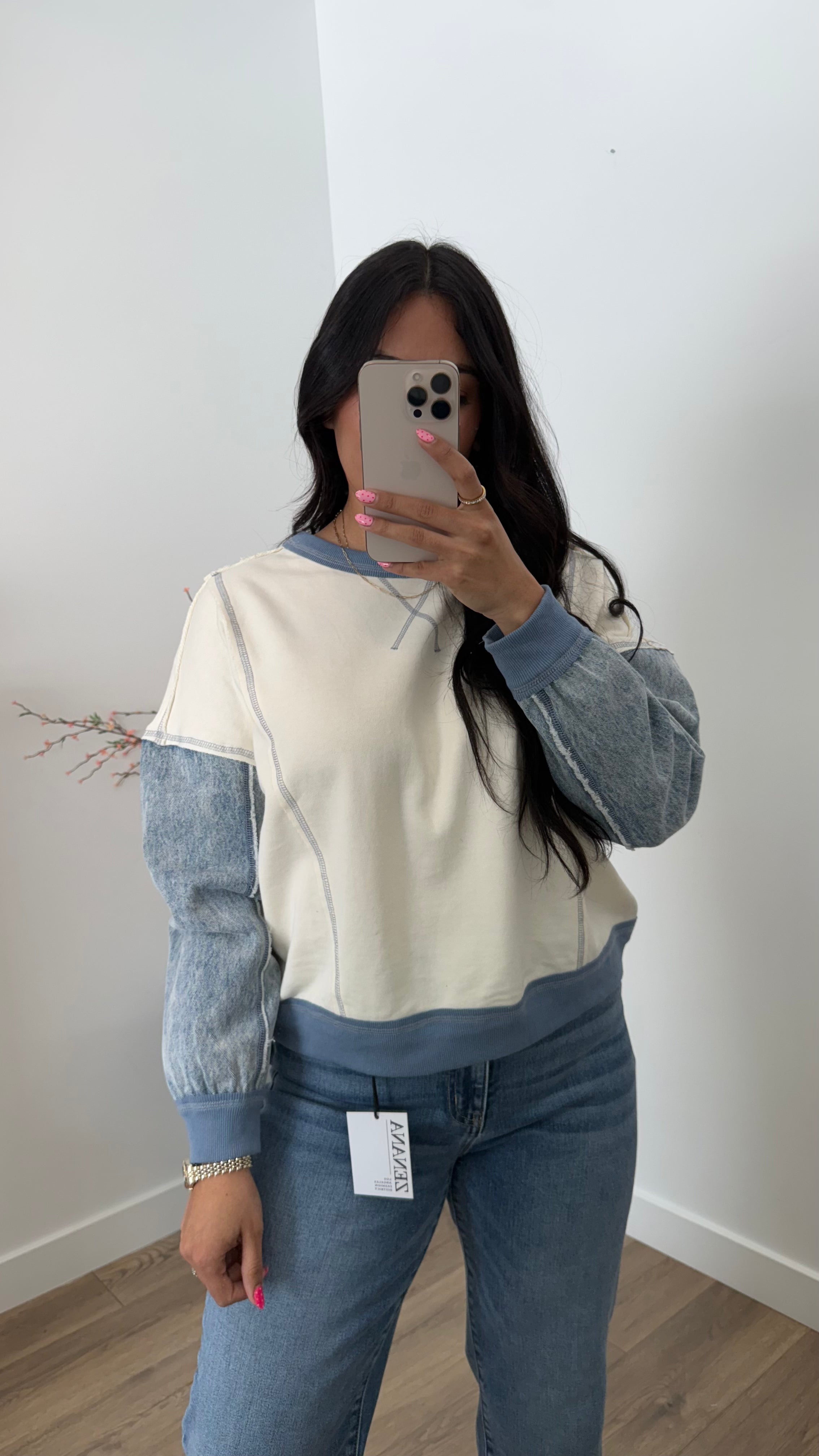 ALIX MIX DENIM SLEEVE KNIT TOP